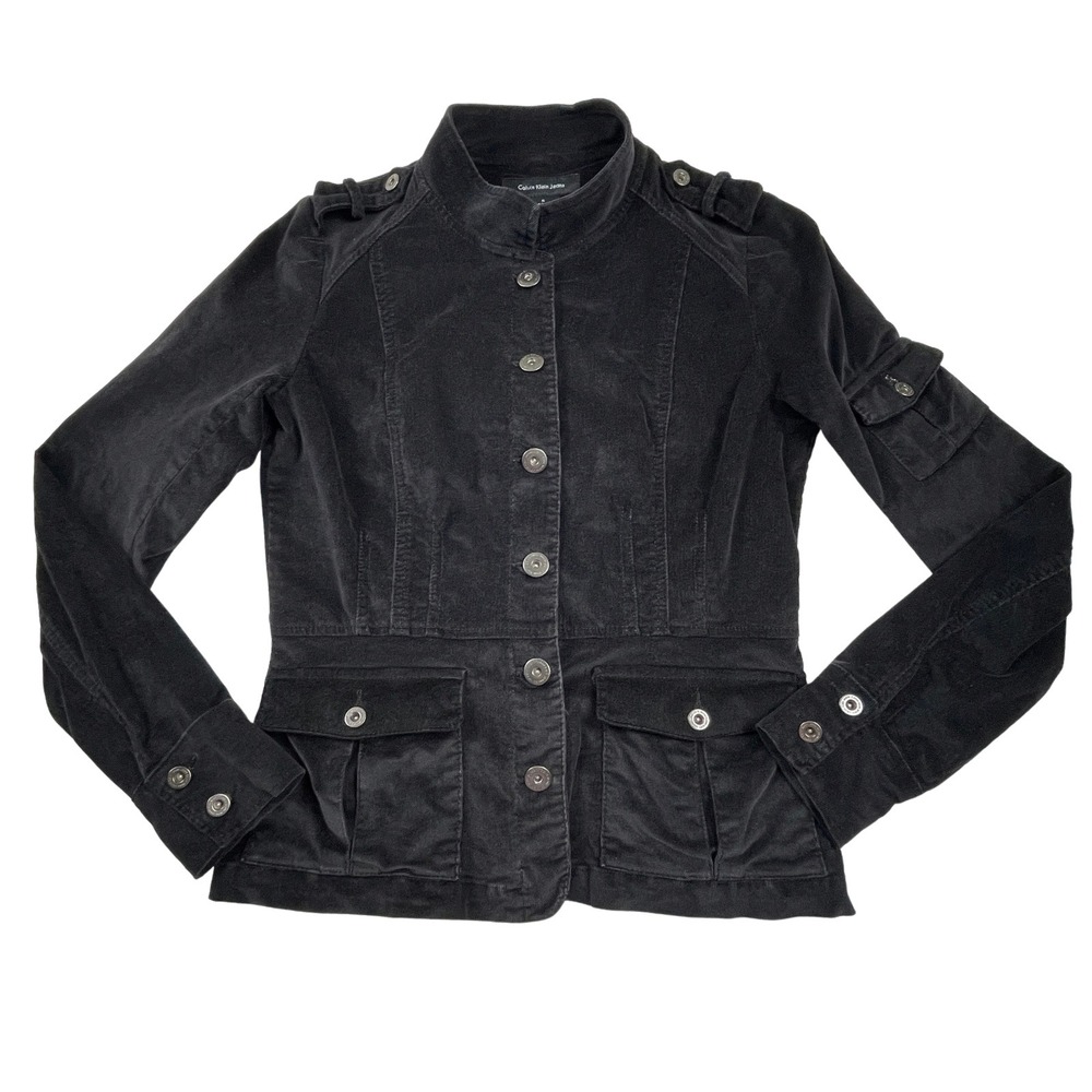 Calvin Klein Jeans Womens M Military Jacket Black Corduroy Button Front Utility